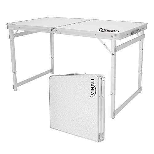 VINGLI 4ft Height Adjustable Folding Utility Table, Portable Lightweight Fold Up Indoor Outdoor Picnic Party Dining Camp Aluminum Tables