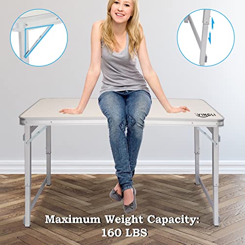 VINGLI 4ft Height Adjustable Folding Utility Table, Portable Lightweight Fold Up Indoor Outdoor Picnic Party Dining Camp Aluminum Tables