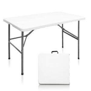 hqtrailtrekker folding table 4ft portable plastic dinning table heavy duty fold-in-half utility tables foldable sturdy indoor outdoor table for camping picnic party and card (white)