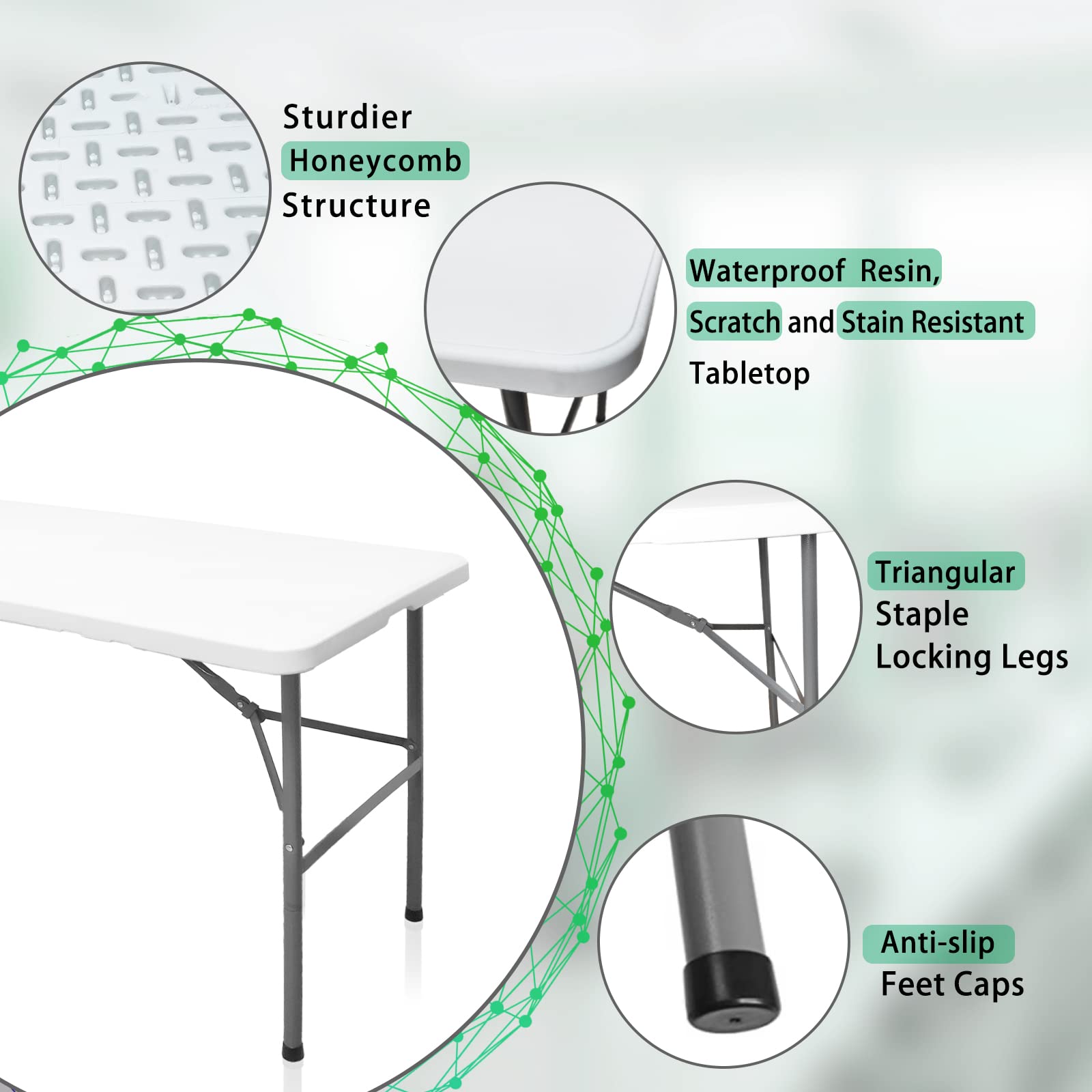 HQTrailTrekker Folding Table 4ft Portable Plastic Dinning Table Heavy Duty Fold-in-Half Utility Tables Foldable Sturdy Indoor Outdoor Table for Camping Picnic Party and Card (White)