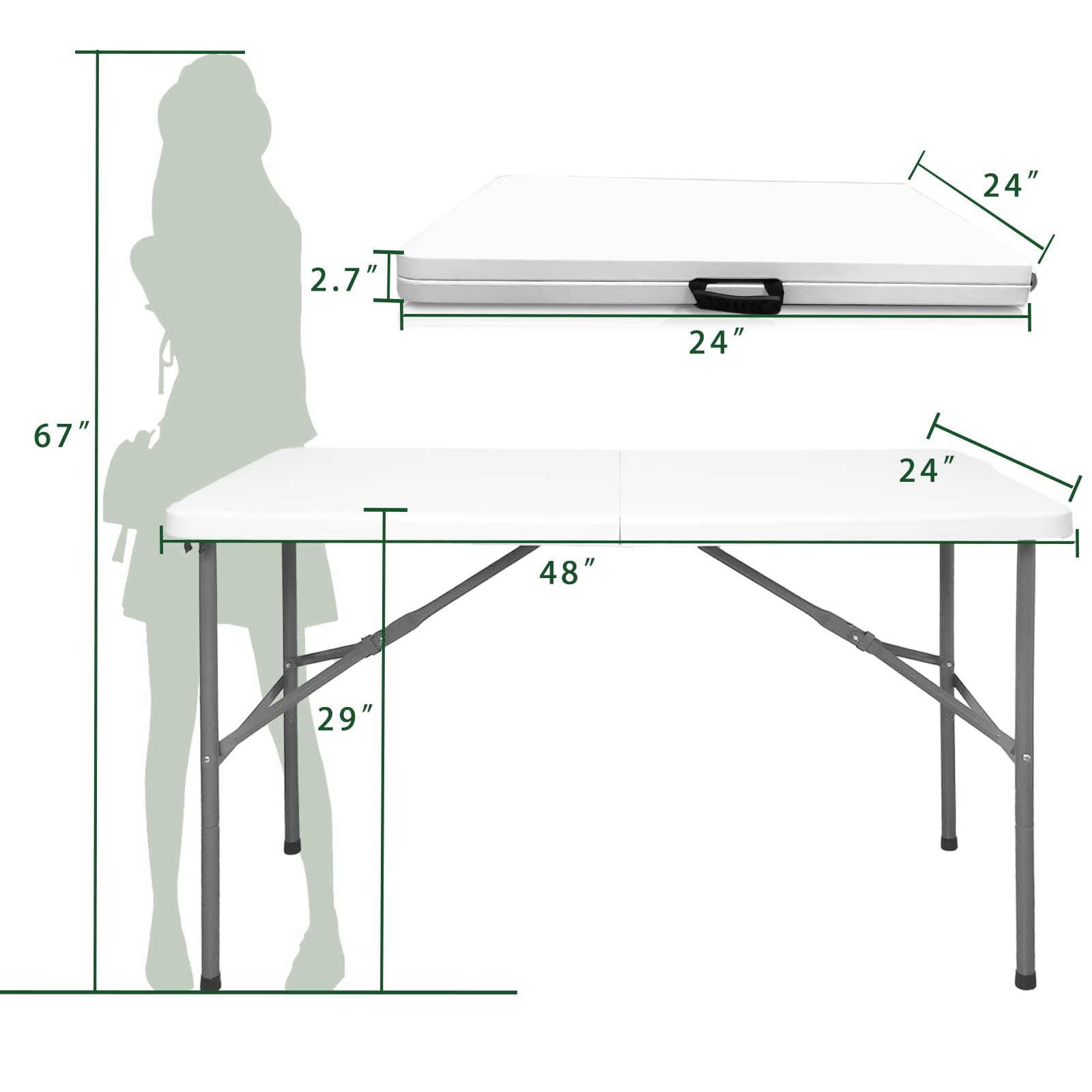 HQTrailTrekker Folding Table 4ft Portable Plastic Dinning Table Heavy Duty Fold-in-Half Utility Tables Foldable Sturdy Indoor Outdoor Table for Camping Picnic Party and Card (White)