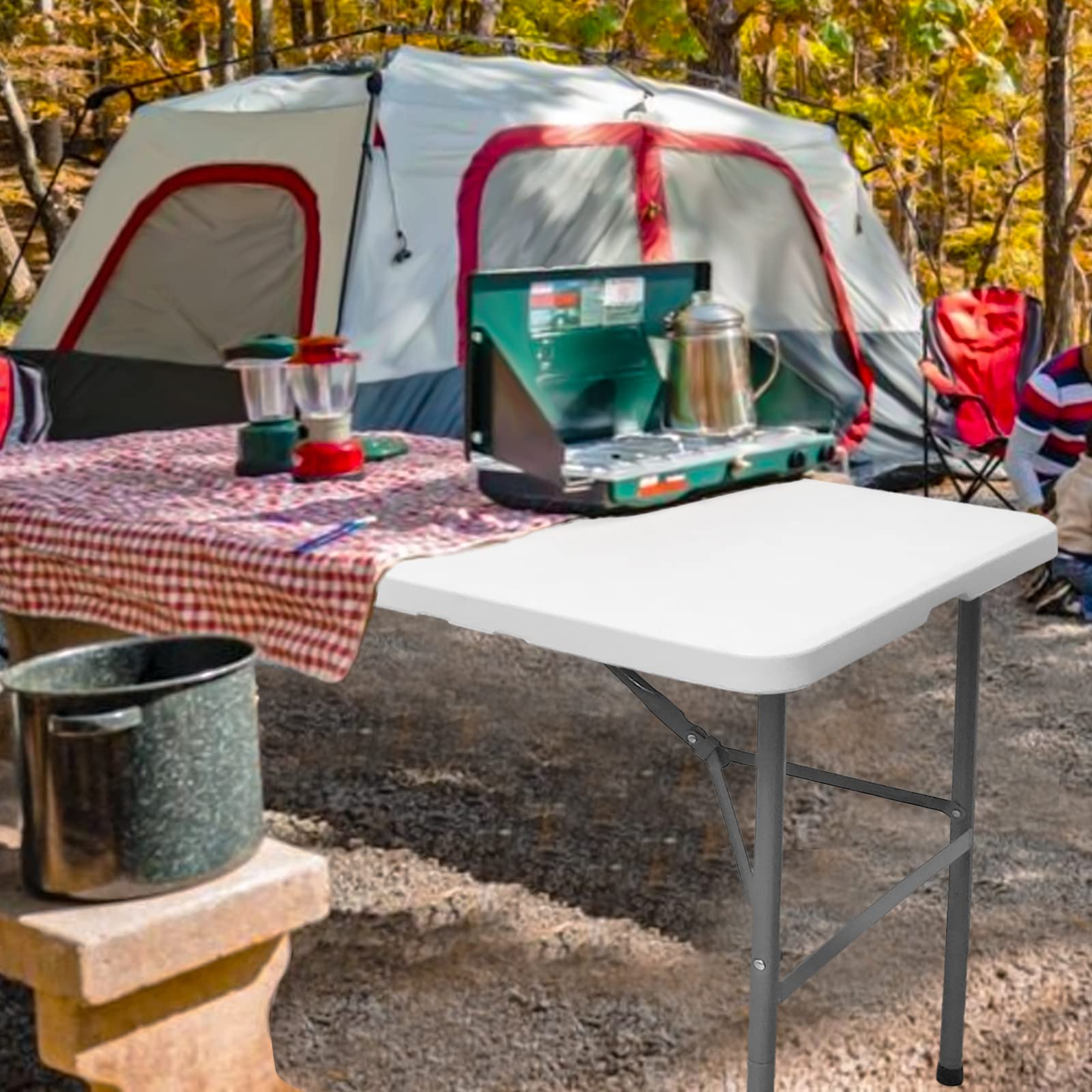 CAMP SOLUTIONS Bi-Folding Table 4 FT, Plastic Portable Tables for Dining Parties Card Picnic Camping, Granite White