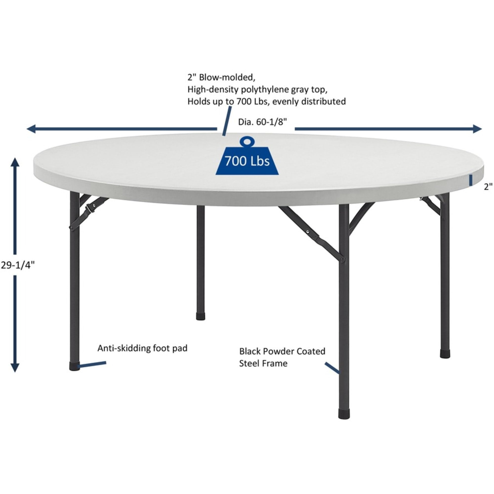 Lorell Banquet Folding Table - Round Top x 60" Table Top Diameter - 29.3" Height - Platinum/Gray