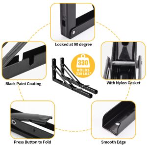 YUMORE Folding Shelf Bracket Heavy Duty, 12 Inch Collapsible Shelf Bracket, Black DIY L Bracket for Workbench Folding Table Hinge, Max Load: 330lbs, 2 Pack