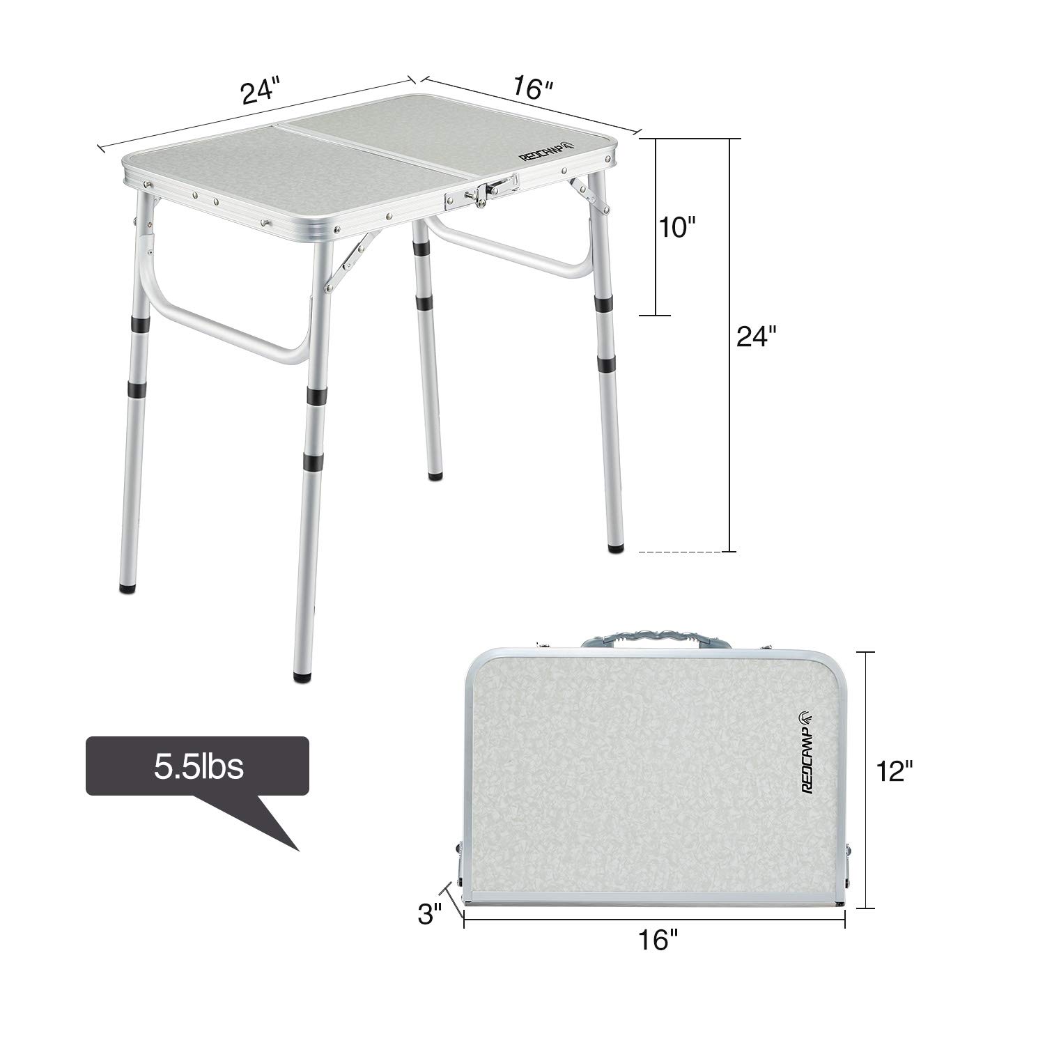 REDCAMP Small Folding Camping Table 2ft, Portable Outdoor Folding Table Aluminum Camp Table Adjustable Height Lightweight for Picnic Cooking Beach,3 Heights