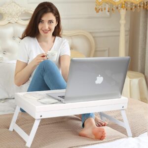 Bed Tray Table Breakfast Tray with Folding Legs Kitchen Food Serving Tray for Notebook Computer Bed Platters Lap Desk Snack Tray（White)