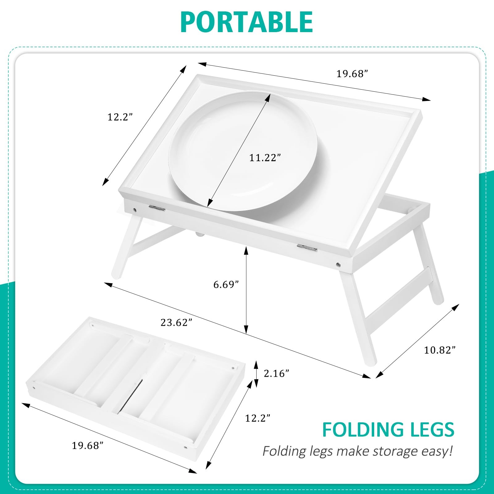 Bed Tray Table Breakfast Tray with Folding Legs Kitchen Food Serving Tray for Notebook Computer Bed Platters Lap Desk Snack Tray（White)