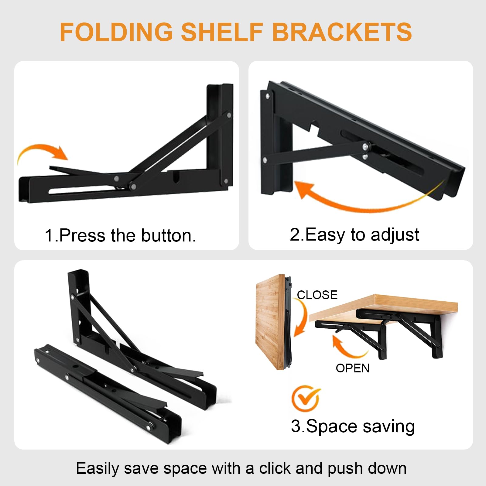 Folding Shelf Brackets - Heavy Duty Metal Collapsible Shelf Bracket for Bench Table, Shelf Hinge Wall Mounted Space Saving DIY Bracket, Max Load: 150 lb 2 PCS (14 Inch, Black)