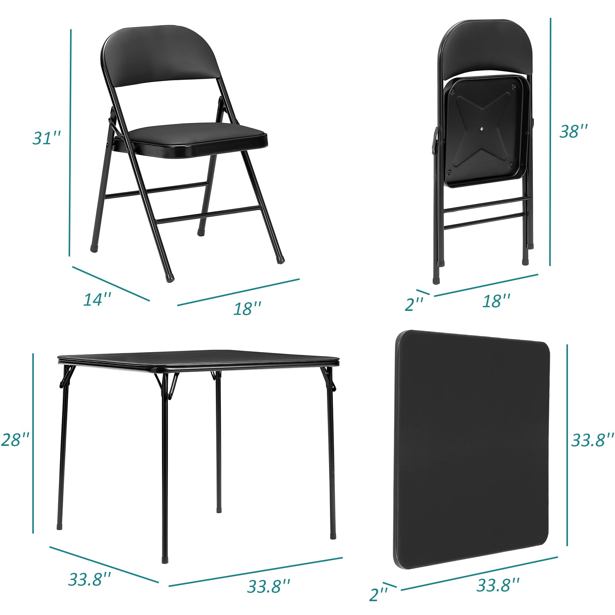 VECELO Folding Table & 4 Padded Chairs Portable & No Assembly Required, 5 Piece Set, BLK