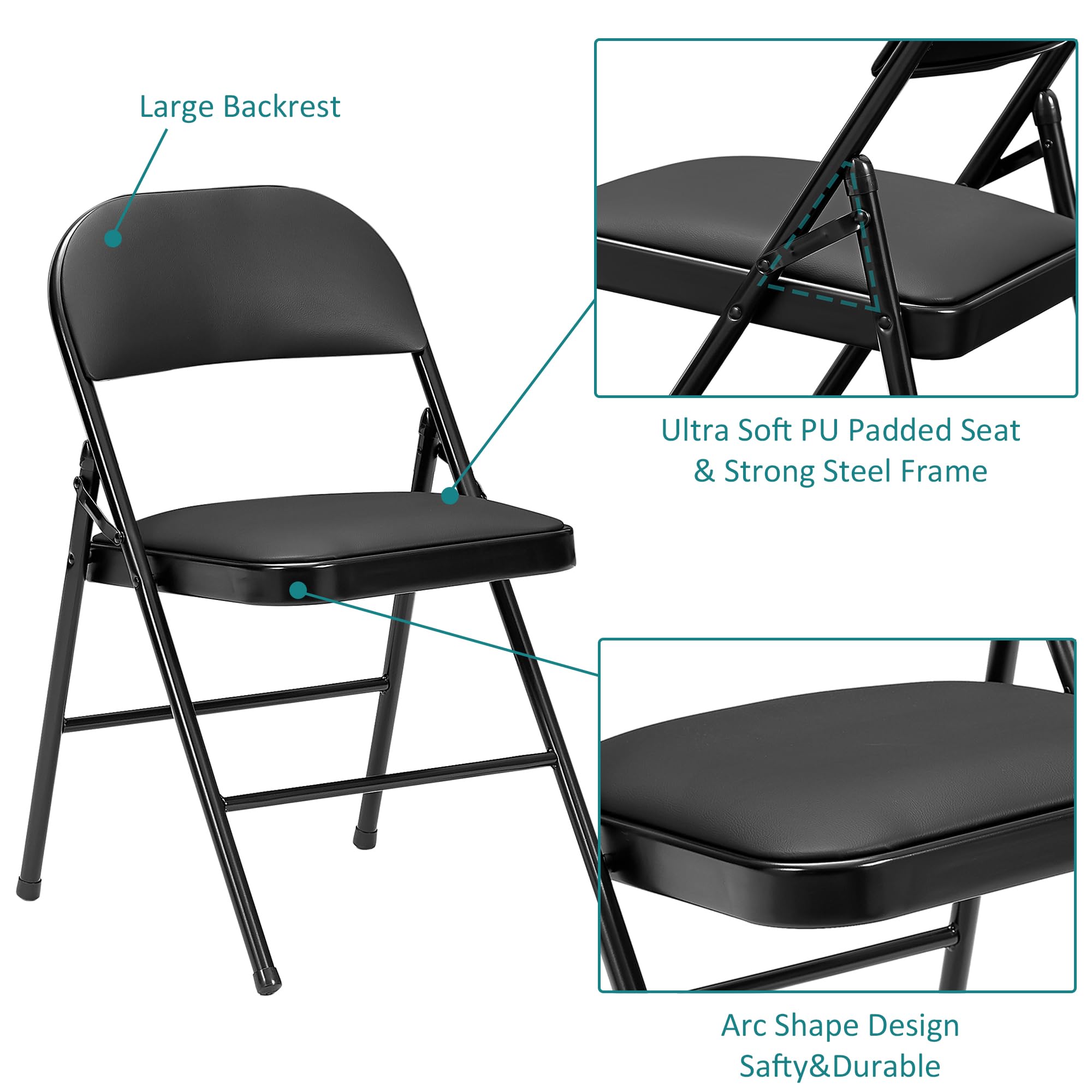 VECELO Folding Table & 4 Padded Chairs Portable & No Assembly Required, 5 Piece Set, BLK