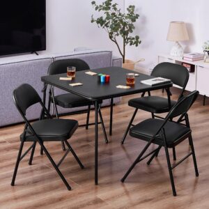 VECELO Folding Table & 4 Padded Chairs Portable & No Assembly Required, 5 Piece Set, BLK