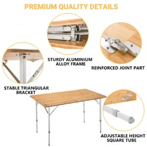 KingCamp Bamboo Folding Camping Table with Adjustable Height Aluminum Legs Heavy Duty 176 lbs Portable for Travel, Picnic, Beach, 6 People, 47.2'' 27.6'' 27.6", 47.2''x27.6'', 4-6 Person