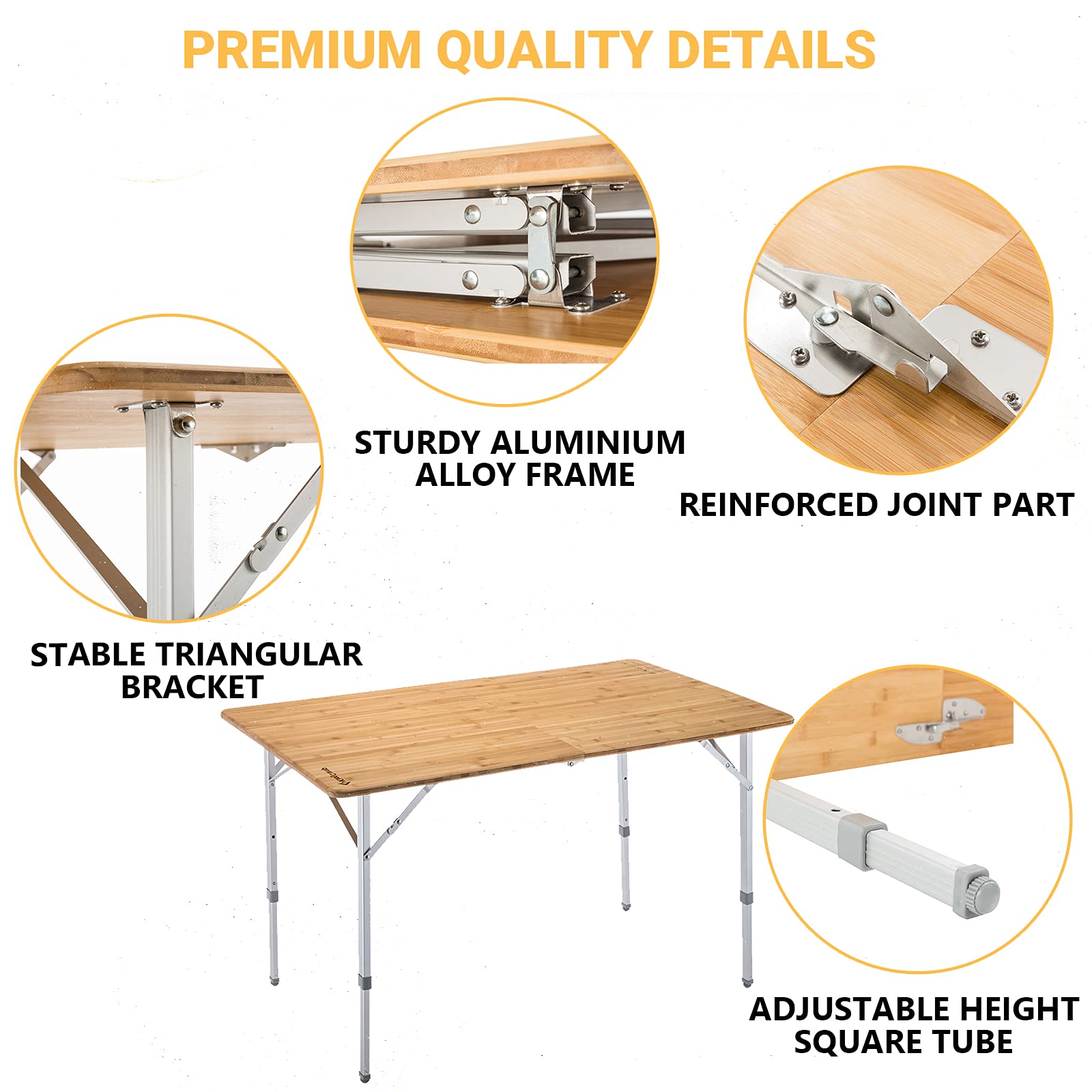 KingCamp Bamboo Folding Camping Table with Adjustable Height Aluminum Legs Heavy Duty 176 lbs Portable for Travel, Picnic, Beach, 6 People, 47.2'' 27.6'' 27.6", 47.2''x27.6'', 4-6 Person