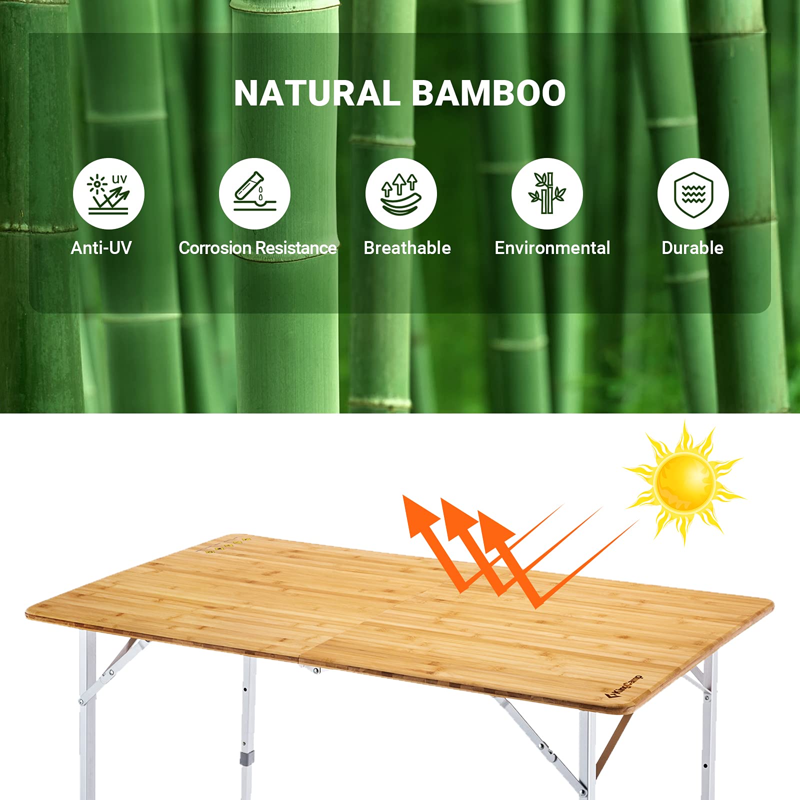 KingCamp Bamboo Folding Camping Table with Adjustable Height Aluminum Legs Heavy Duty 176 lbs Portable for Travel, Picnic, Beach, 6 People, 47.2'' 27.6'' 27.6", 47.2''x27.6'', 4-6 Person