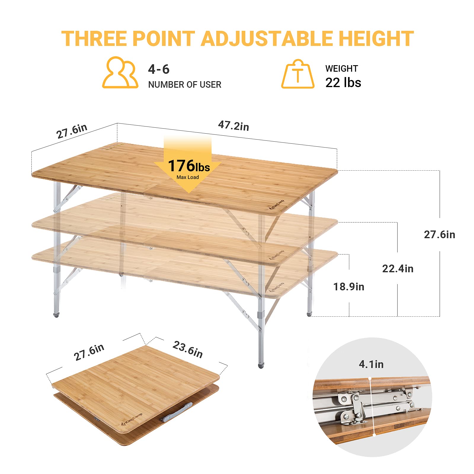 KingCamp Bamboo Folding Camping Table with Adjustable Height Aluminum Legs Heavy Duty 176 lbs Portable for Travel, Picnic, Beach, 6 People, 47.2'' 27.6'' 27.6", 47.2''x27.6'', 4-6 Person