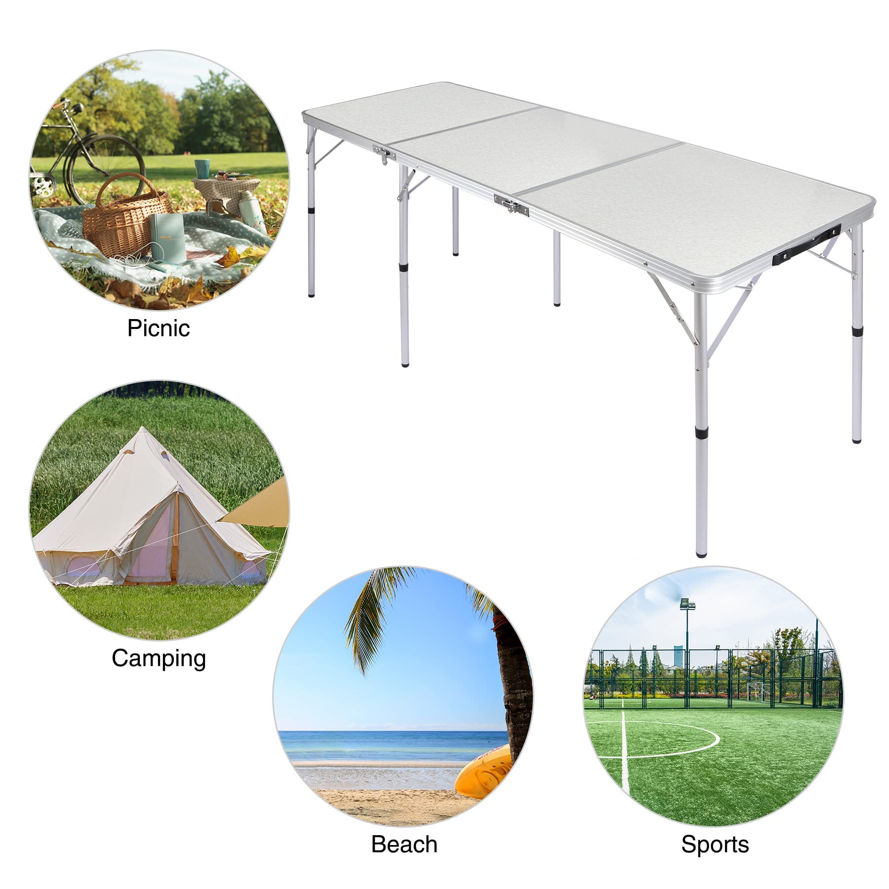 RedSwing Tri-fold 6ft Folding Table, Aluminum Outdoor Table with Adjustable Heights Legs, Portable Lightweight Camping Table for Picnic, Party, Beach, 72"x24", White