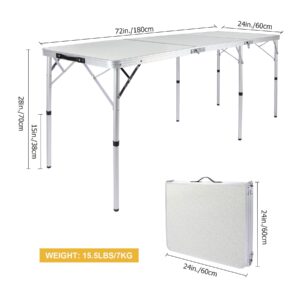 RedSwing Tri-fold 6ft Folding Table, Aluminum Outdoor Table with Adjustable Heights Legs, Portable Lightweight Camping Table for Picnic, Party, Beach, 72"x24", White