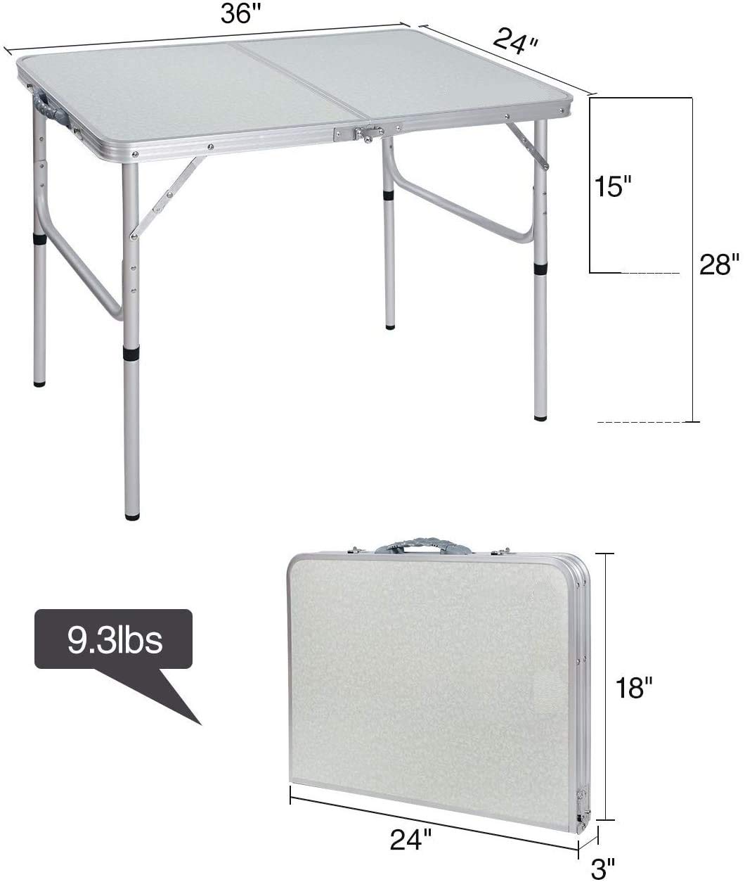 Cimiva Aluminum Folding Table 3 Foot, Adjustable Height Lightweight Portable Camping Table for Picnic Beach Outdoor Indoor, White 36 x 24 inch (3-Feet (2 Heights 15"/28"))