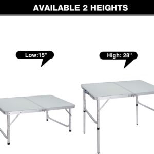 Cimiva Aluminum Folding Table 3 Foot, Adjustable Height Lightweight Portable Camping Table for Picnic Beach Outdoor Indoor, White 36 x 24 inch (3-Feet (2 Heights 15"/28"))