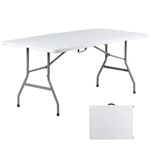 go-trio 6 foot folding table 6ft portable plastic tables for party, fold-in-half foldable heavy duty table, 6’utility dining card long table, indoor outdoor folded up for picnic, camping, white, large