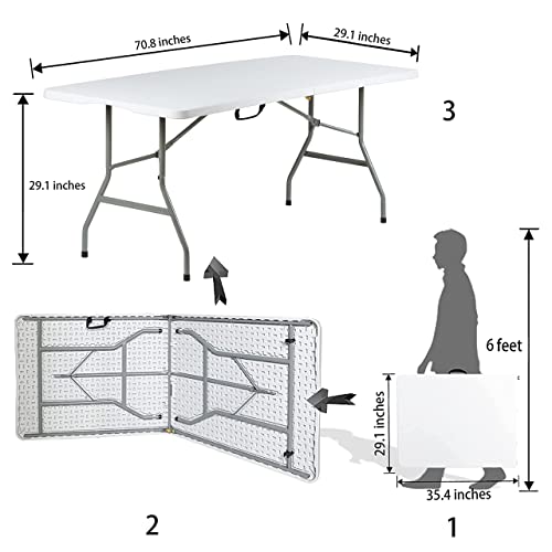 Go-Trio 6 Foot Folding Table 6ft Portable Plastic Tables for Party, Fold-in-Half Foldable Heavy Duty Table, 6’Utility Dining Card Long Table, Indoor Outdoor Folded up for Picnic, Camping, White, Large