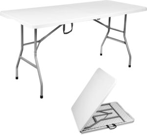 vildek 6ft folding dining table, plastic, white, 300lbs load capacity, portable, indoor-outdoor use, foldable