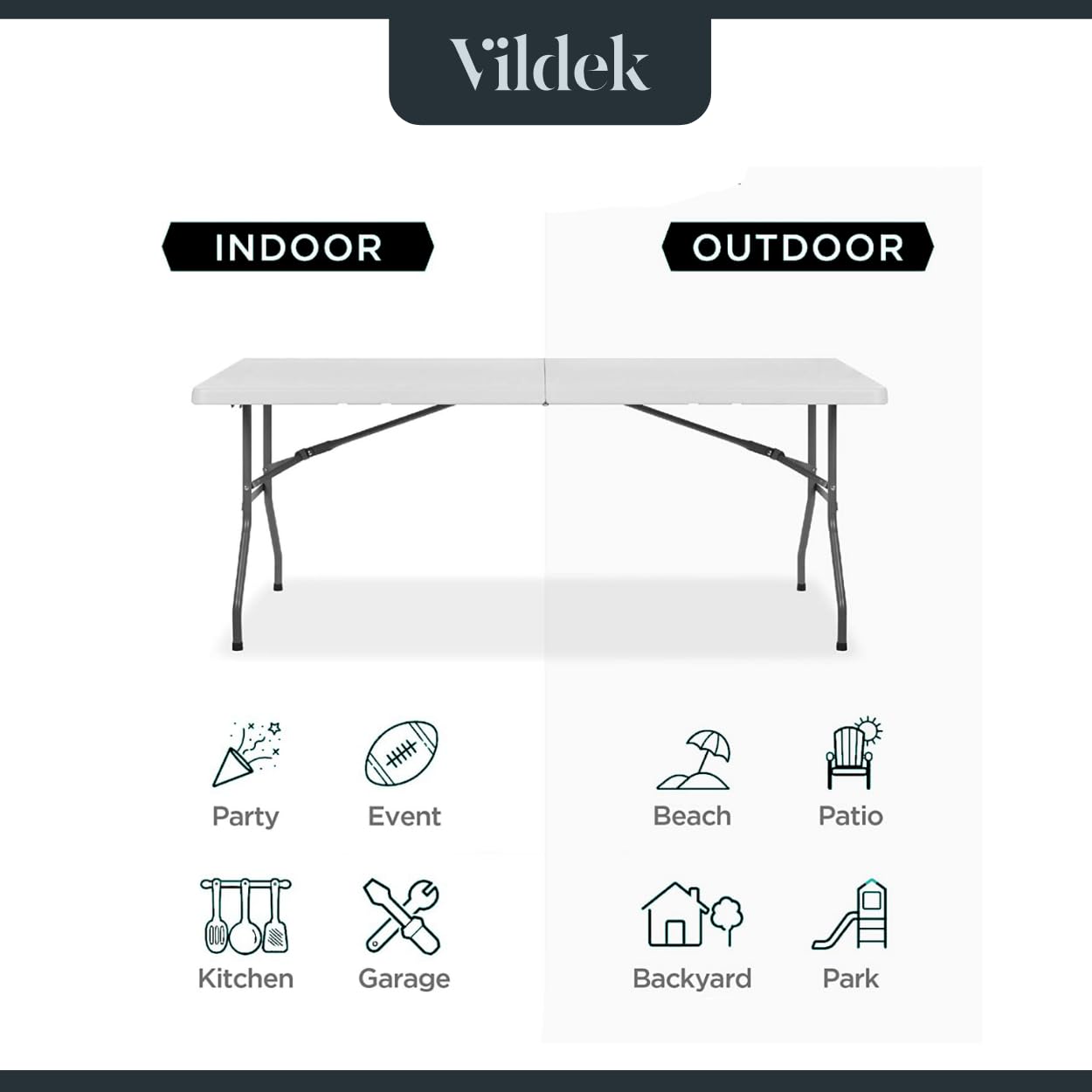 VILDEK 6ft Folding Dining Table, Plastic, White, 300lbs Load Capacity, Portable, Indoor-Outdoor Use, Foldable