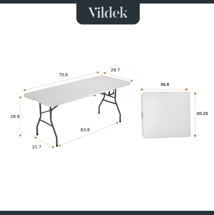 VILDEK 6ft Folding Dining Table, Plastic, White, 300lbs Load Capacity, Portable, Indoor-Outdoor Use, Foldable