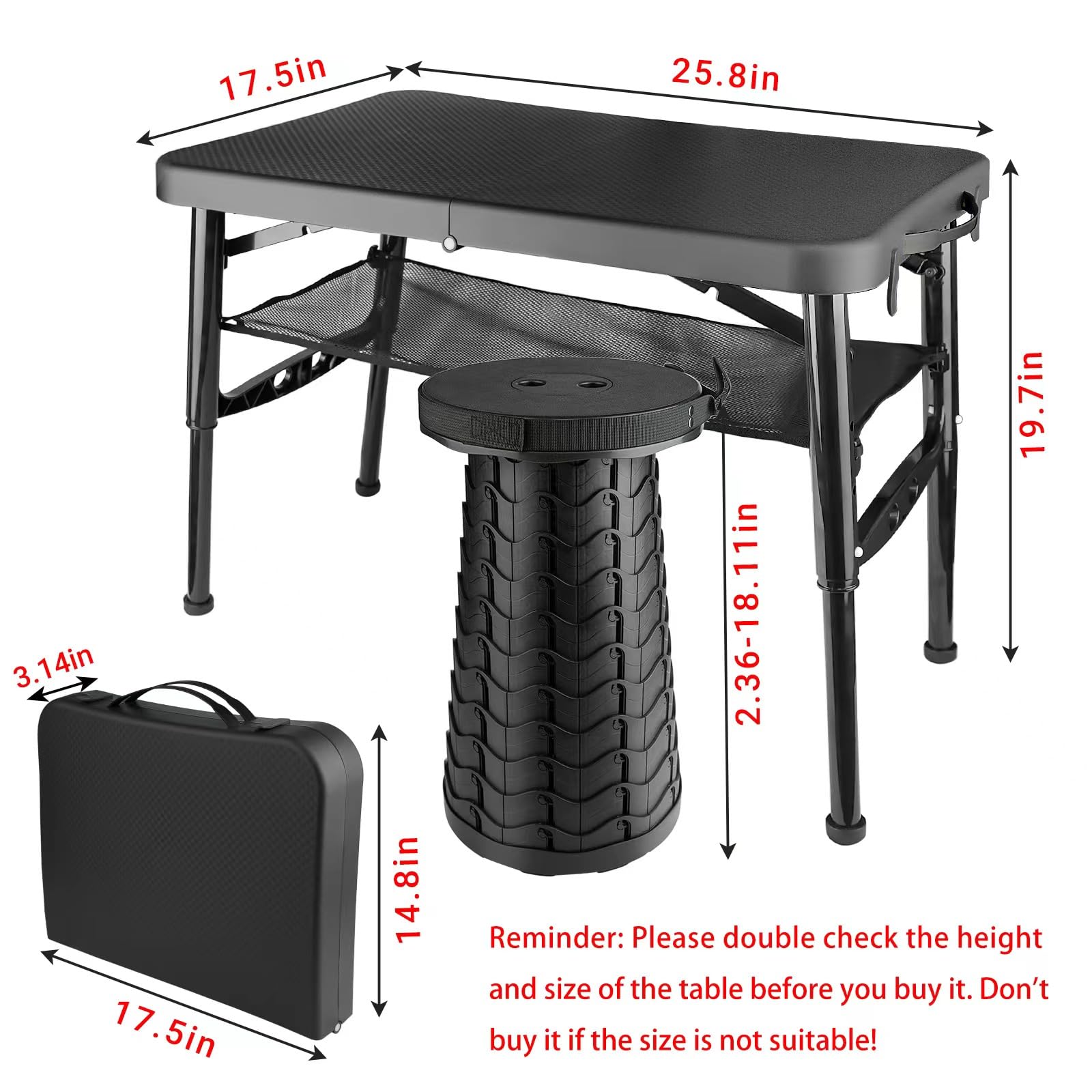 ZTMT Folding Table and Stool, Small, Black, 4 Foot Outdoor Portable Table, Adjustable Height, Camping, Picnic, RV Table, 55lbs Load-Bearing, Lightweight