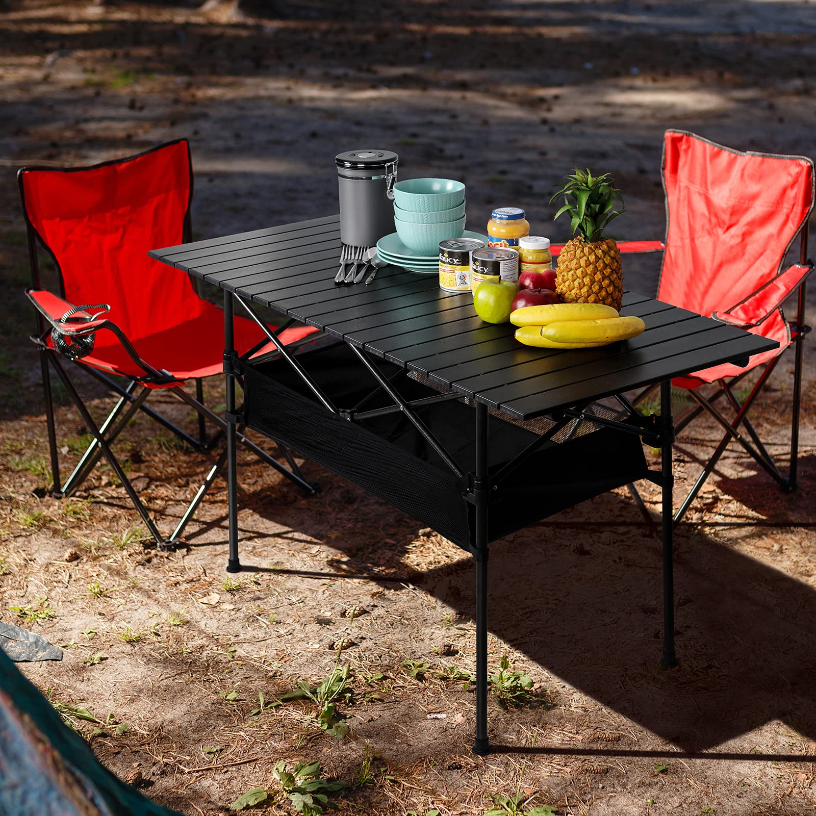 LIANTRAL Camping Table, Portable Aluminum Roll-up Picnic Backpacking Table with Mesh Storage Bag, 46.5” x 26.8” x 21.7”, Black