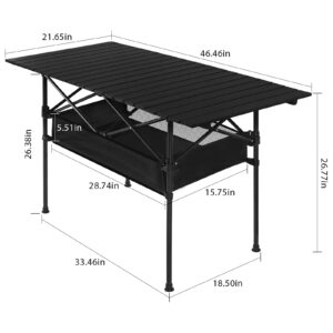 LIANTRAL Camping Table, Portable Aluminum Roll-up Picnic Backpacking Table with Mesh Storage Bag, 46.5” x 26.8” x 21.7”, Black