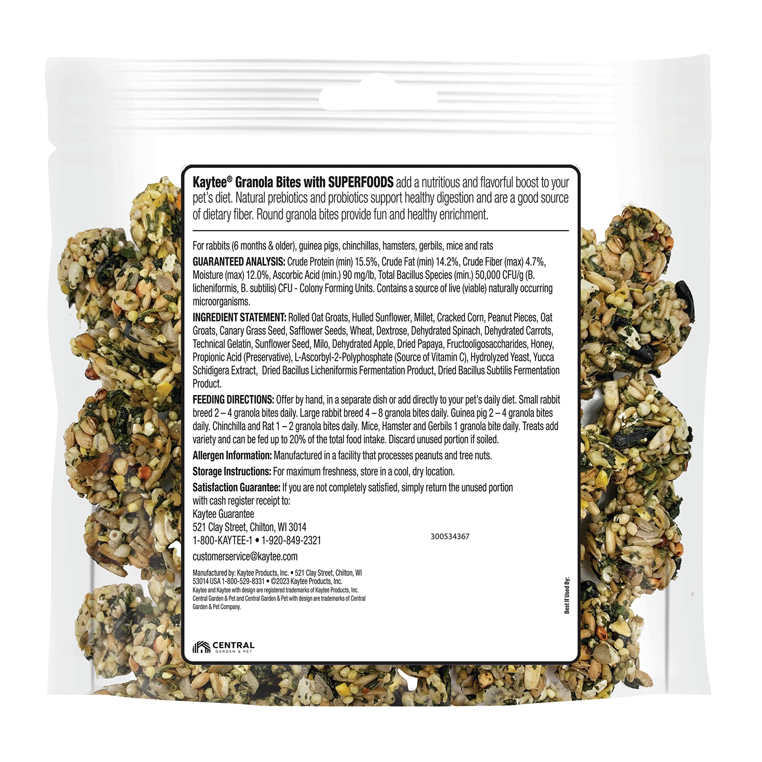 Kaytee Granola Bites with Superfoods Spinach and Carrot for Rats, Mice, Hamsters, Gerbils, Rabbits, Guinea Pigs and Chinchillas, 4.5oz