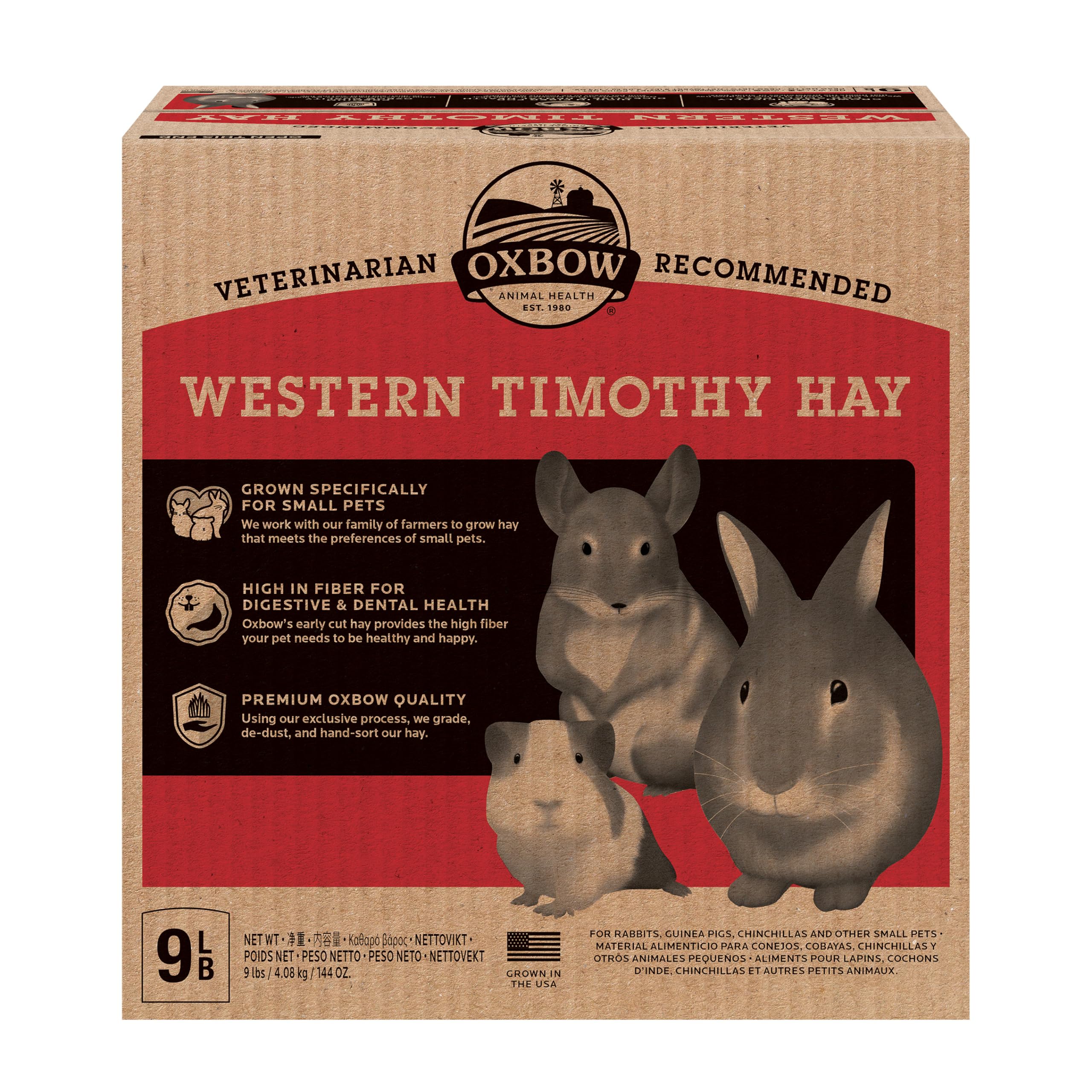 Oxbow Animal Health Western Timothy Hay - All Natural Hay for Rabbits, Guinea Pigs, Chinchillas, Hamsters & Gerbils-Veterinarian Recommended- Digestive & Dental Health- Grown in the USA- 9lb.