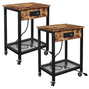 tc-homeny end table set of 2 with charging station & usb ports, side table with wheels & storage shelf nightstand for living room bedroom