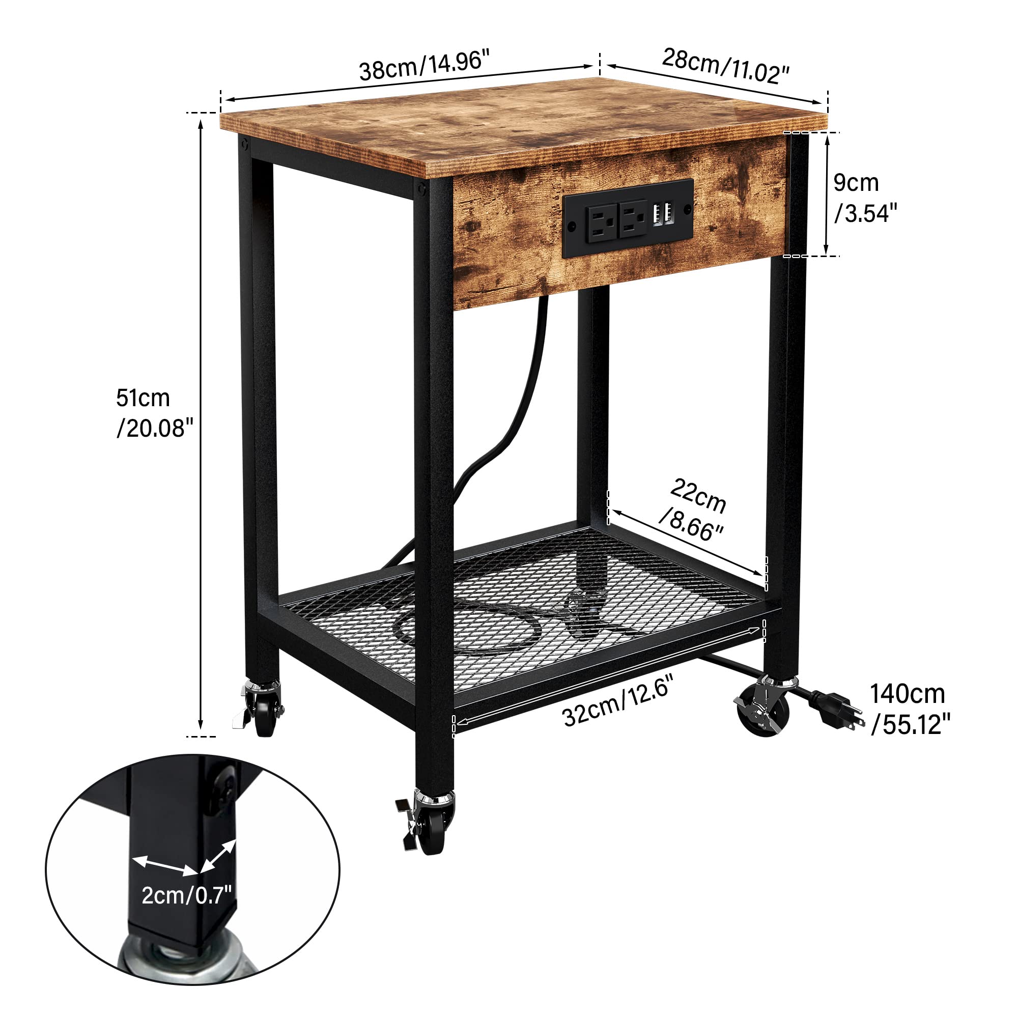 TC-HOMENY End Table Set of 2 with Charging Station & USB Ports, Side Table with Wheels & Storage Shelf Nightstand for Living Room Bedroom