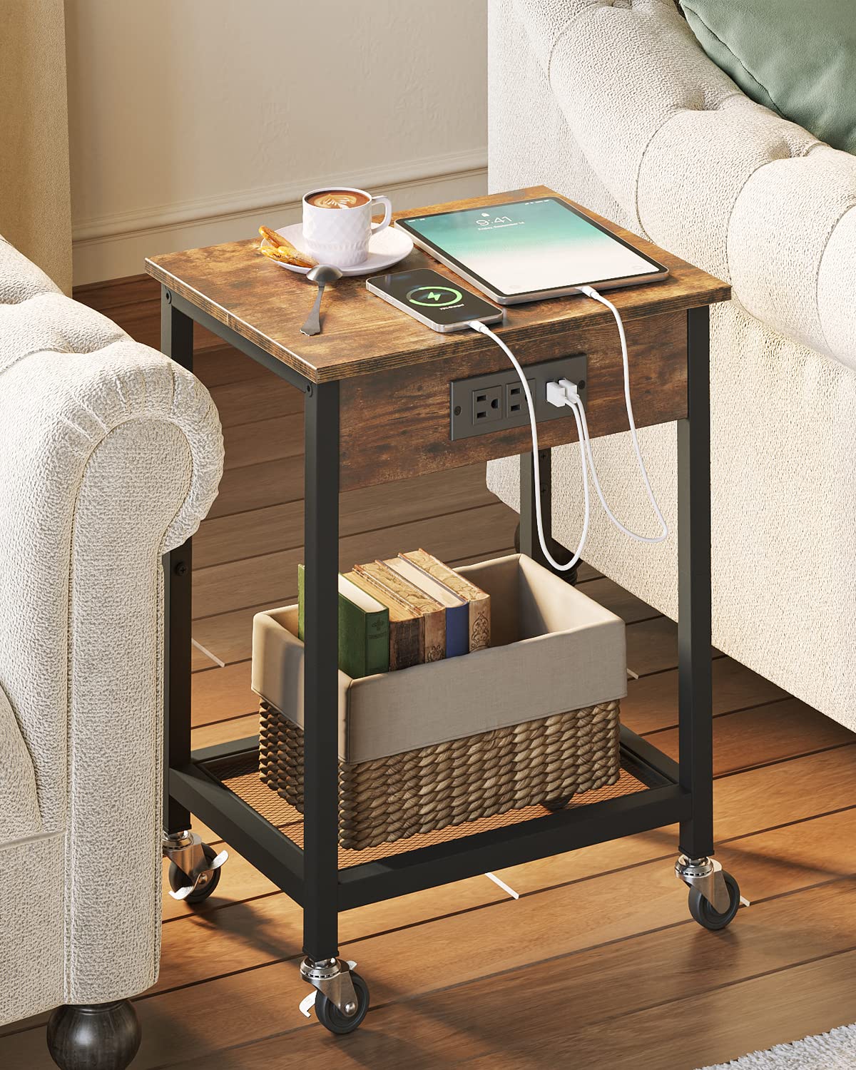 TC-HOMENY End Table Set of 2 with Charging Station & USB Ports, Side Table with Wheels & Storage Shelf Nightstand for Living Room Bedroom