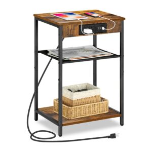 melos Nightstand with Charging Station, 3 Tier End Table with USB Ports & Power Outlets, Narrow Side Table for Small Spaces, Bedside Tables for Bedroom, Living Room, Rustic Brown