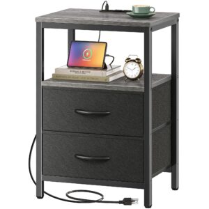 huuger nightstand with charging station, side table with fabric drawers, end table with open shelf, bedside table with usb ports and outlets, night stand for bedroom, charcoal gray