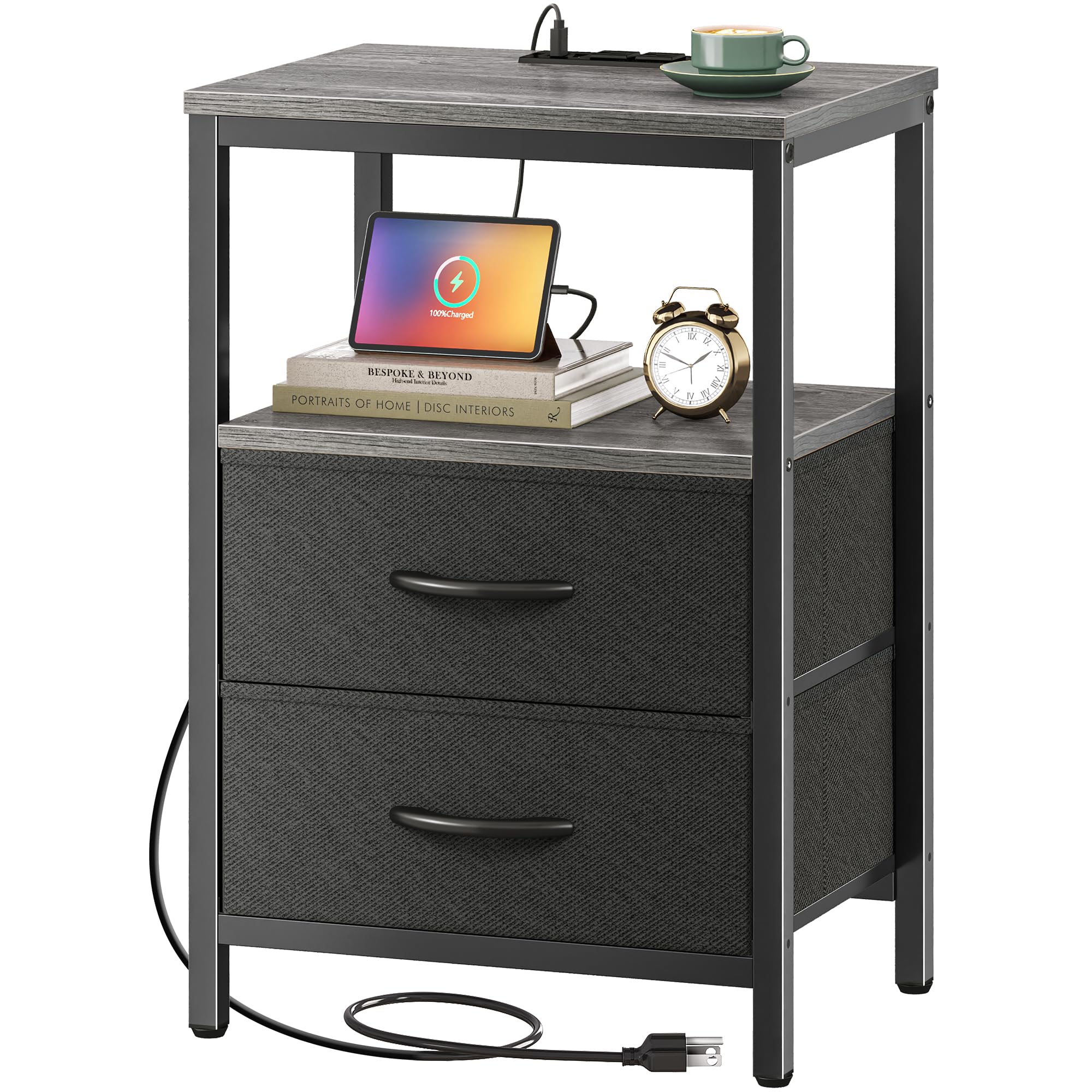 Huuger Nightstand with Charging Station, Side Table with Fabric Drawers, End Table with Open Shelf, Bedside Table with USB Ports and Outlets, Night Stand for Bedroom, Charcoal Gray