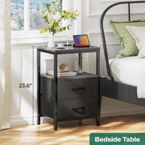 Huuger Nightstand with Charging Station, Side Table with Fabric Drawers, End Table with Open Shelf, Bedside Table with USB Ports and Outlets, Night Stand for Bedroom, Charcoal Gray