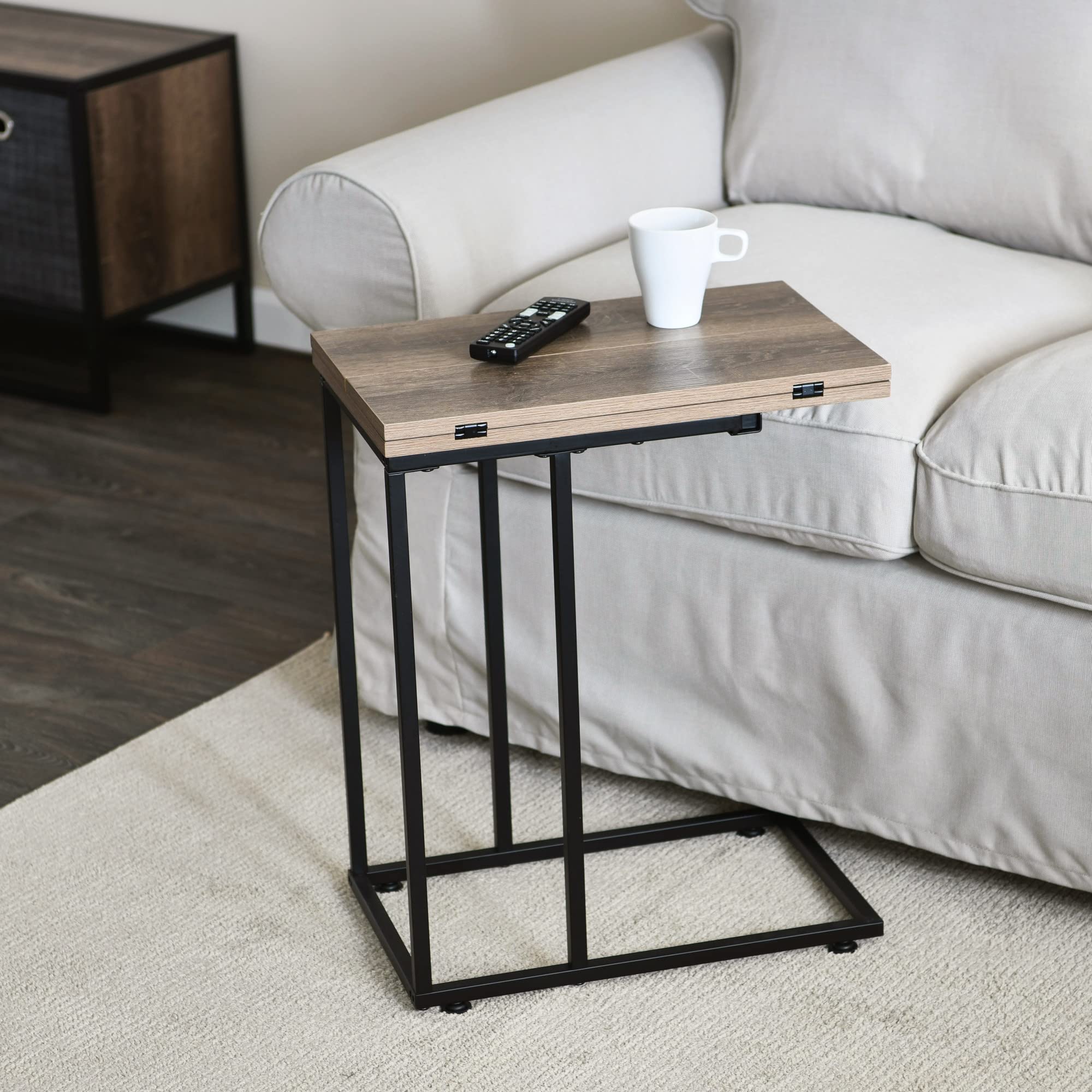 Household Essentials Jamestown Extendable C-Shaped for Accessiblity Side End Table Ashwood Rustic Wood Grain and Black Metal