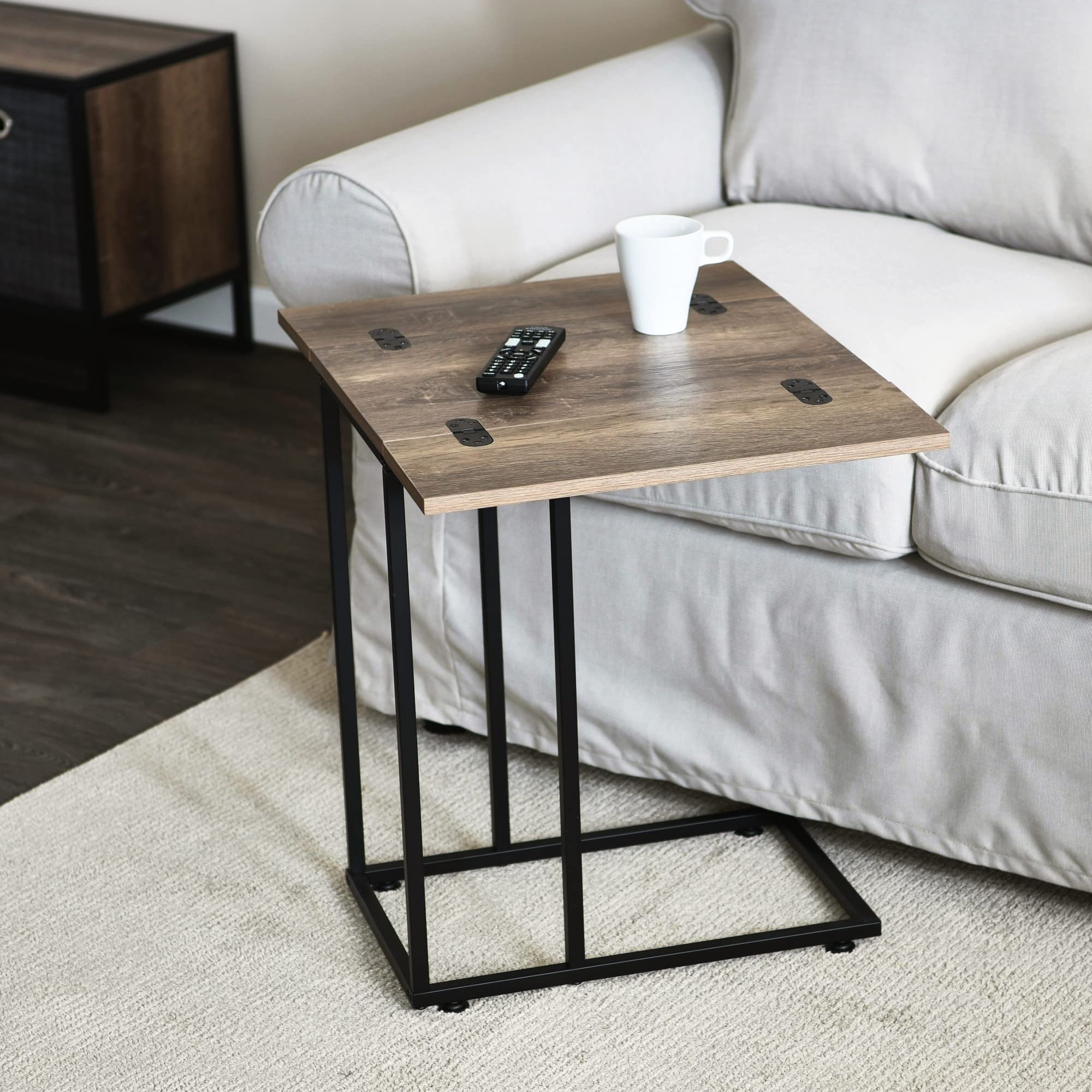 Household Essentials Jamestown Extendable C-Shaped for Accessiblity Side End Table Ashwood Rustic Wood Grain and Black Metal