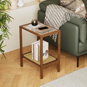 Bamworld Rattan Side Table Living Room Glasstop Night Stand Boho End Table 2-Tier with Storage Mid Century Modern Bedside Table for Small Spaces Narrow Coffee Table Bamboo