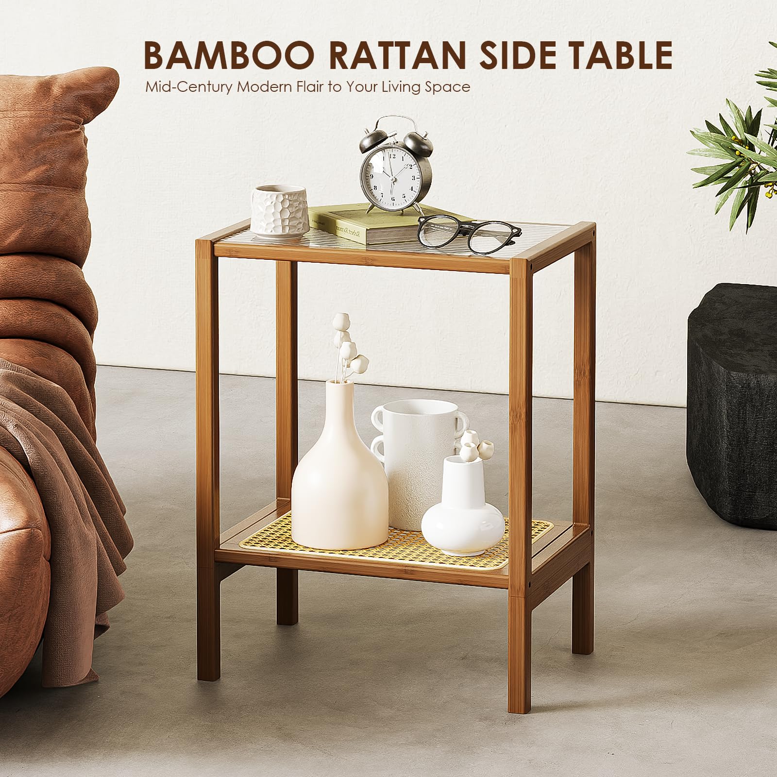 Bamworld Rattan Side Table Living Room Glasstop Night Stand Boho End Table 2-Tier with Storage Mid Century Modern Bedside Table for Small Spaces Narrow Coffee Table Bamboo