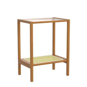 Bamworld Rattan Side Table Living Room Glasstop Night Stand Boho End Table 2-Tier with Storage Mid Century Modern Bedside Table for Small Spaces Narrow Coffee Table Bamboo