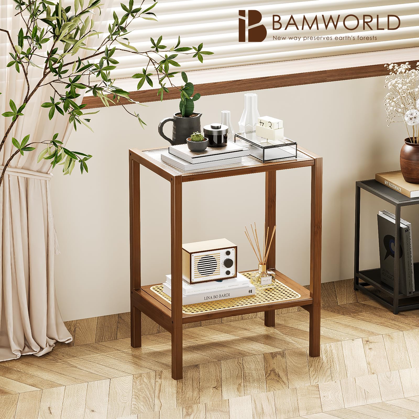 Bamworld Rattan Side Table Living Room Glasstop Night Stand Boho End Table 2-Tier with Storage Mid Century Modern Bedside Table for Small Spaces Narrow Coffee Table Bamboo