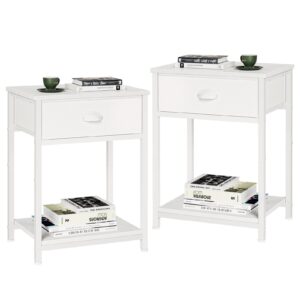 Furologee White Nightstands Set of 2, End Table with Fabric Drawer, Small Side Table for Small Spaces, 2 Tiers Storage Shelves End Table, Bedside Table for Living Room, Bedroom, Dorm