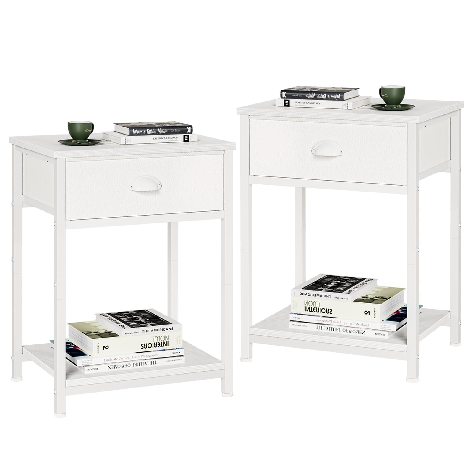 Furologee White Nightstands Set of 2, End Table with Fabric Drawer, Small Side Table for Small Spaces, 2 Tiers Storage Shelves End Table, Bedside Table for Living Room, Bedroom, Dorm