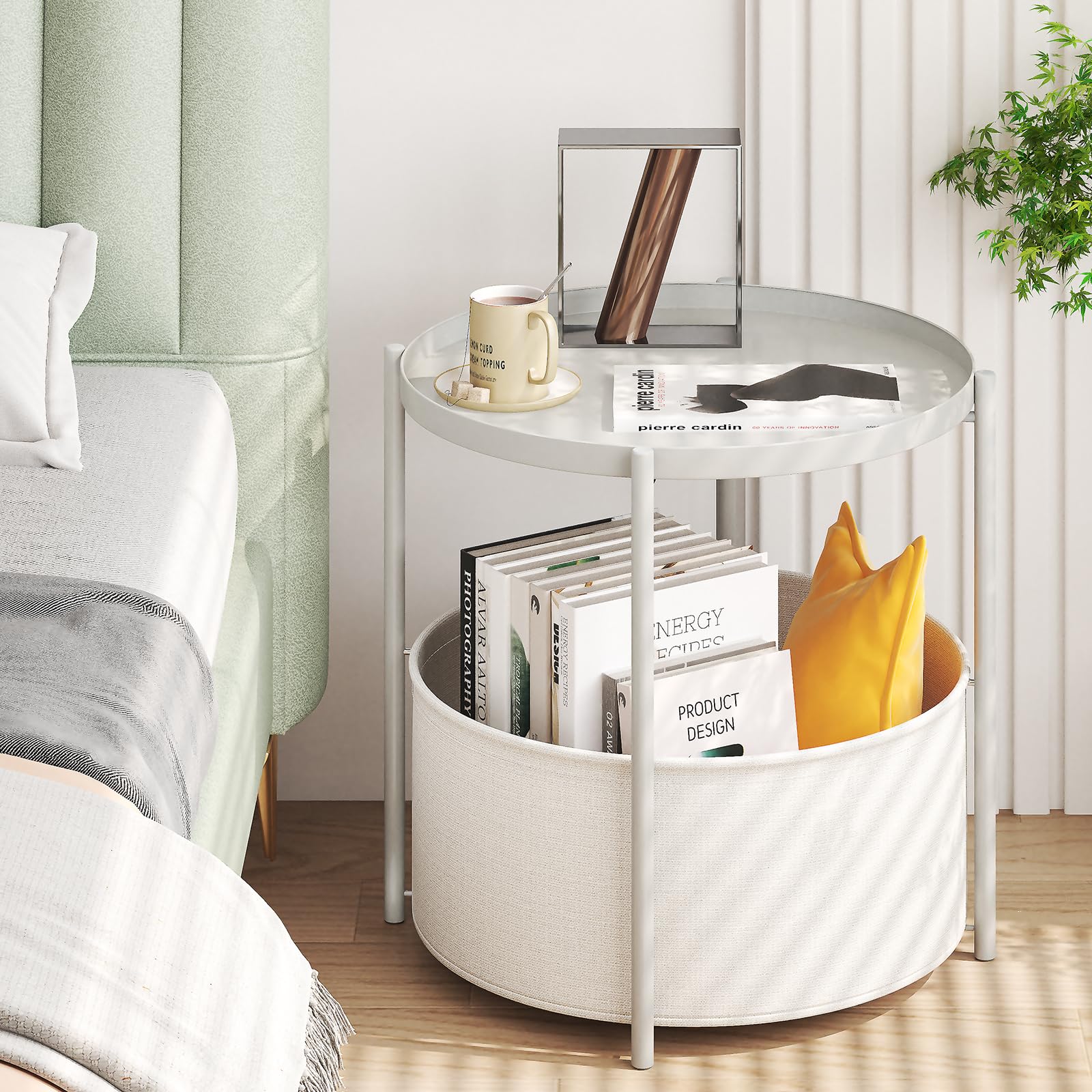 Fixwal Round Side Table with Fabric Storage Basket, Metal Small Bedside Table Nightstand with Removable Tray for Living Room, Bedroom, Nursery, Laundry, White