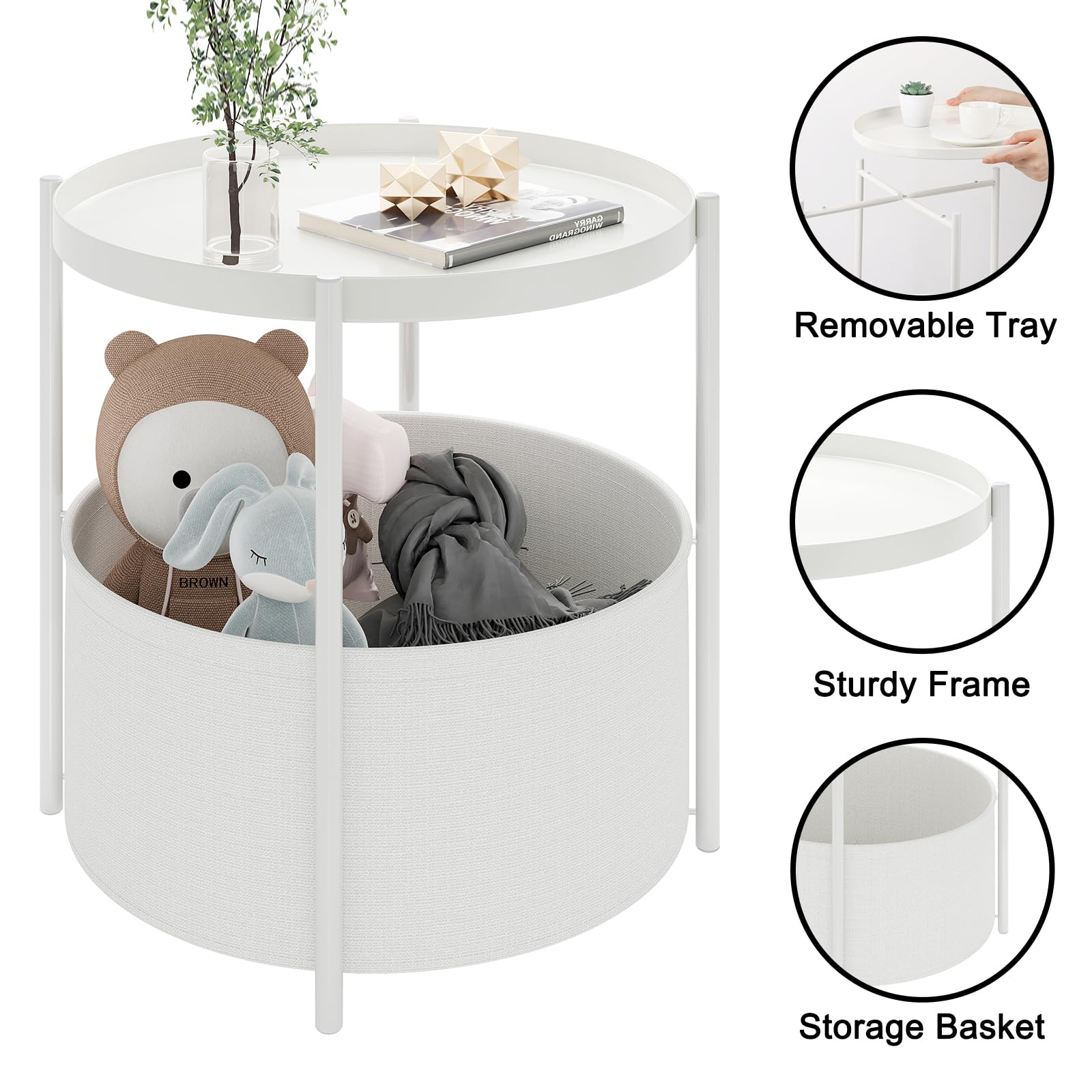 Fixwal Round Side Table with Fabric Storage Basket, Metal Small Bedside Table Nightstand with Removable Tray for Living Room, Bedroom, Nursery, Laundry, White